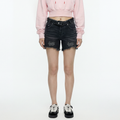A female model wearing the Smith's 1906 WSO02 Dark Grey Denim Shorts is showing the front.