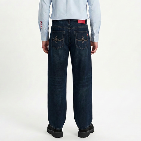 A male model wearing the Smith's 1906 MJN03 Navy Jeans is showing the back.
