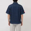 A male model wearing the Smith's 1906 MSR04 Navy Denim Short-Sleeve Shirt is showing the back.
