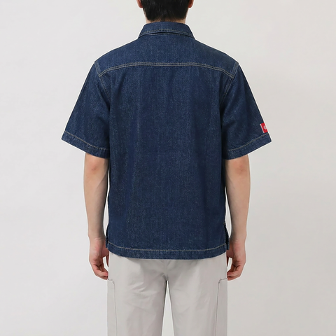 A male model wearing the Smith's 1906 MSR04 Navy Denim Short-Sleeve Shirt is showing the back.