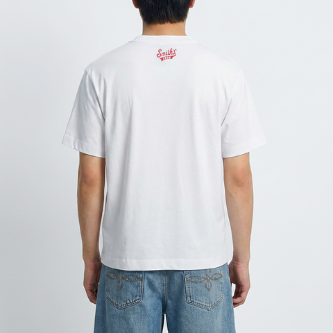 A male model wearing the Smith's 1906 MTE05B White T-Shirt with Brooklyn Graphic is showing the back.