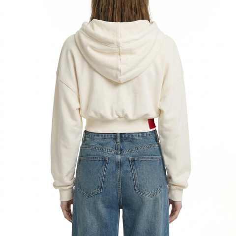 A female model wearing the Smith's 1906 WHO01 Beige Hoodie is showing the back.