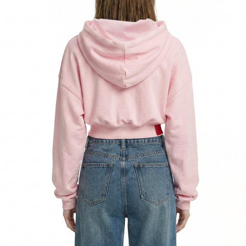 A female model wearing the Smith's 1906 WHO01 Pink Hoodie is showing the back.
