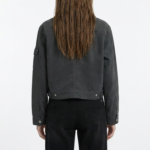 A female model wearing the Smith's 1906 WJK01 Dark Grey Jacket is showing the back.