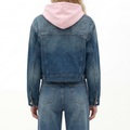 A female model wearing the Smith's 1906 WJK02 Dark Blue Denim Jacket is showing the back.