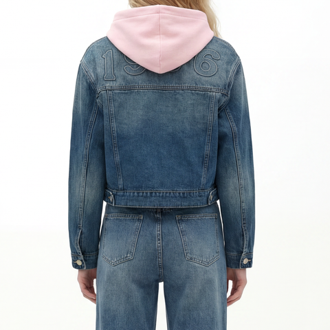 A female model wearing the Smith's 1906 WJK02 Dark Blue Denim Jacket is showing the back.