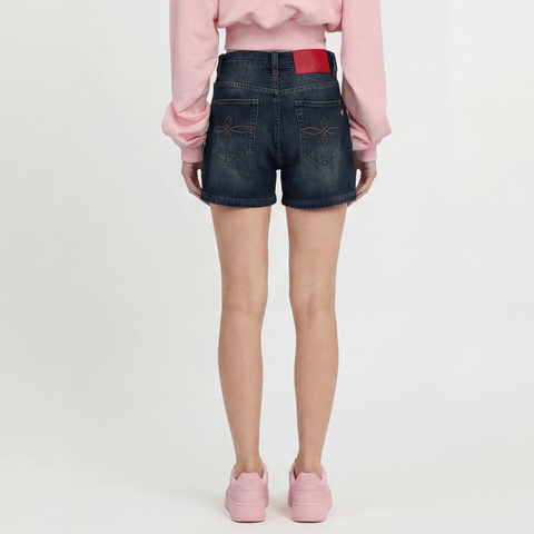 A female model wearing the Smith's 1906 WSO01 Blue Denim Shorts is showing the back.