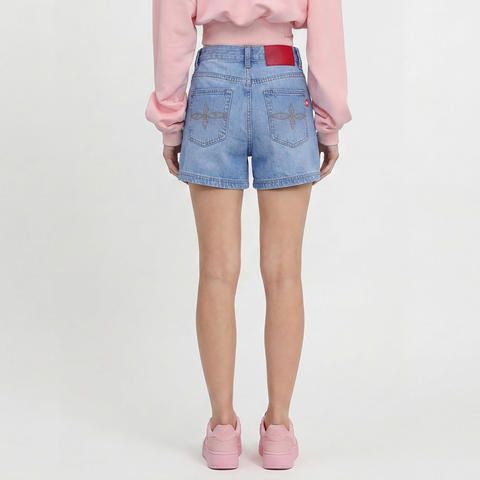 A female model wearing the Smith's 1906 WSO01 Light Blue Denim Shorts is showing the back.