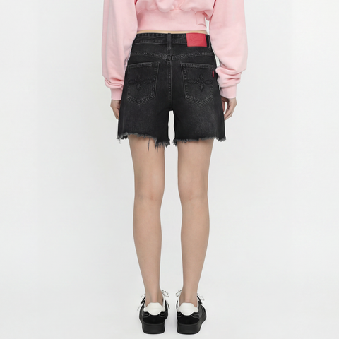 A female model wearing the Smith's 1906 WSO02 Dark Grey Denim Shorts is showing the back.