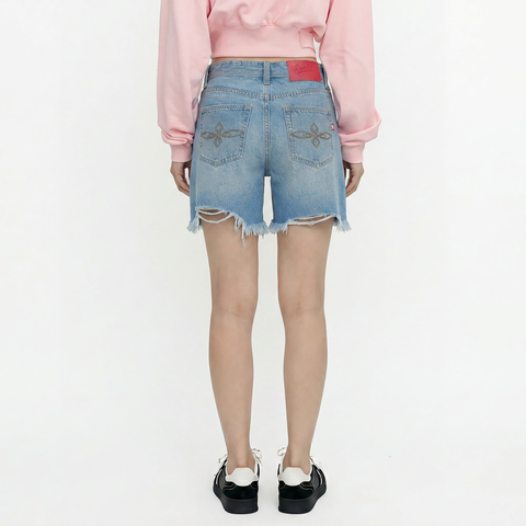 A female model wearing the Smith's 1906 WSO02 Light Blue Denim Shorts is showing the back.