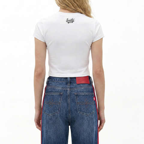 A female model wearing the Smith's 1906 WTE04 White T-Shirt is showing the back.