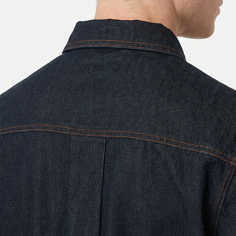 A close-up back view of a male model wearing the Smith's 1906 MSR03 Navy Denim Shirt.