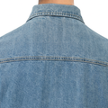 A close-up back view of a male model wearing the Smith's 1906 MSR04 Light Blue Denim Short-Sleeve Shirt.