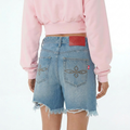 A close-up back view of a female model wearing the Smith's 1906 WSO02 Light Blue Denim Shorts.