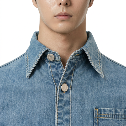 A close-up view of a male model wearing the Smith's 1906 MSR04 Light Blue Denim Short-Sleeve Shirt.