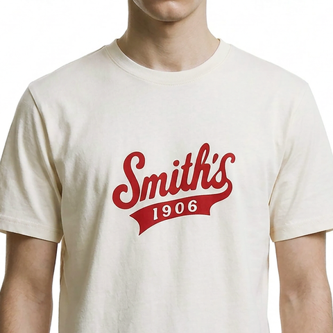 A close-up view of a male model wearing the Smith's 1906 MTE02 Off White T-Shirt.