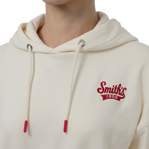 A close-up view of a female model wearing the Smith's 1906 WHO01 Beige Hoodie.