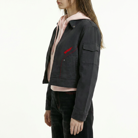A close-up view of a female model wearing the Smith's 1906 WJK01 Dark Grey Jacket.