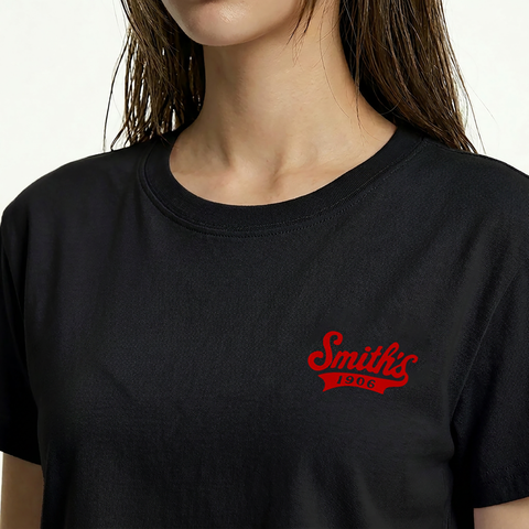 A close-up view of a female model wearing the Smith's 1906 WTE01 Black T-shirt.