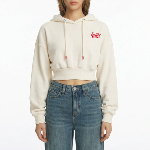A female model wearing the Smith's 1906 WHO01 Beige Hoodie is showing the front.