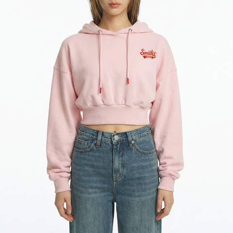 A female model wearing the Smith's 1906 WHO01 Pink Hoodie is showing the front.