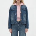 A female model wearing the Smith's 1906 WJK02 Dark Blue Denim Jacket is showing the front.