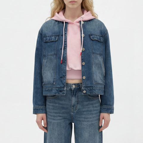 A female model wearing the Smith's 1906 WJK02 Dark Blue Denim Jacket is showing the front.