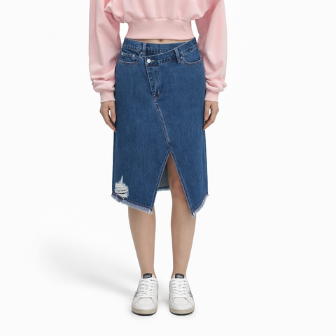 A female model wearing the Smith's 1906 WSK01 Blue Denim Skirt is showing the front.