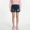 A female model wearing the Smith's 1906 WSO01 Blue Denim Shorts is showing the front.