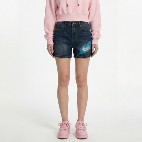 A female model wearing the Smith's 1906 WSO01 Blue Denim Shorts is showing the front.