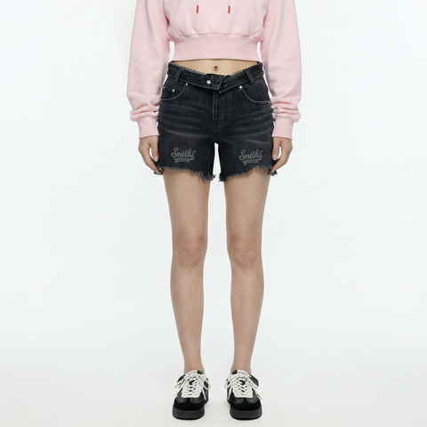 A female model wearing the Smith's 1906 WSO02 Dark Grey Denim Shorts is showing the front.