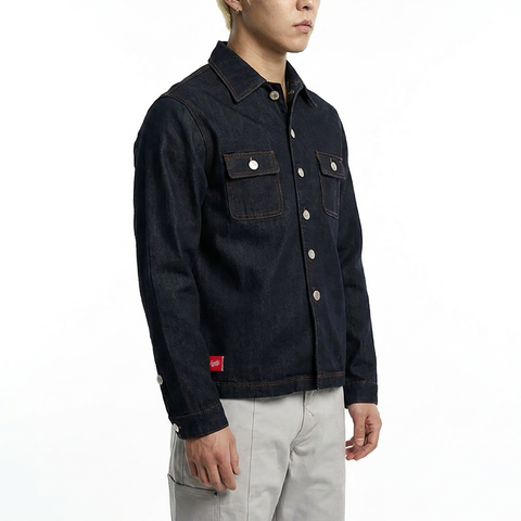 A male model wearing the Smith's 1906 MSR03 Navy Denim Shirt is showing the side view.