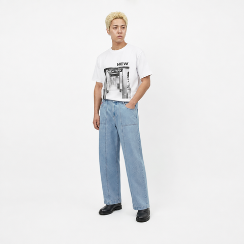 A male model is wearing a T-shirt paired with the Smith's 1906 MJN02 Light Blue Jeans.