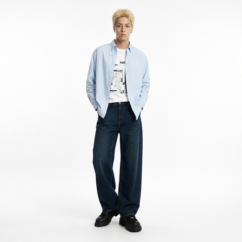 A male model is wearing a shirt paired with the Smith's 1906 MJN03 Navy Jeans.