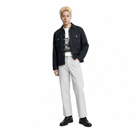 A male model is wearing a pair of pants paired with the Smith's 1906 MSR03 Navy Denim Shirt.
