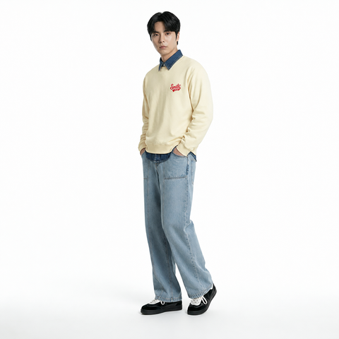 A male model is wearing jeans paired with the Smith's 1906 MSW02 Beige Sweatshirt.