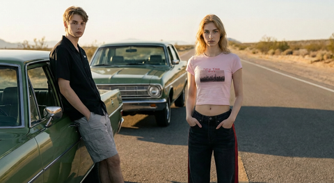 Two models wearing Smith's 1906 clothing are standing on the street. The male model leans casually against a car with his hands in his pockets, while the female model stands beside him.