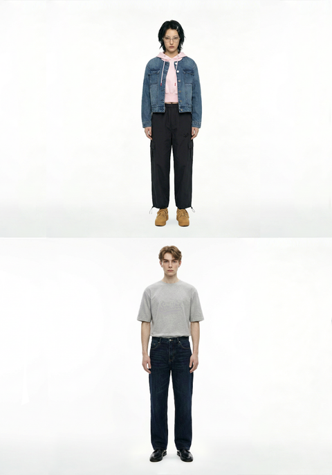 One male model and one female model wearing Smith's 1906 clothing are standing.